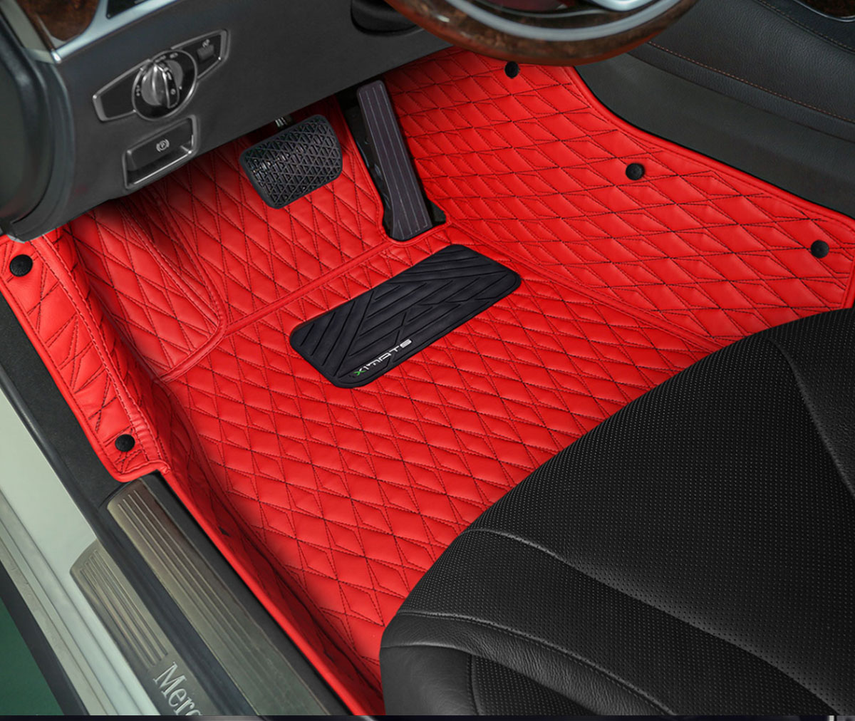 Custom fit truck floor mats in red diamond leather