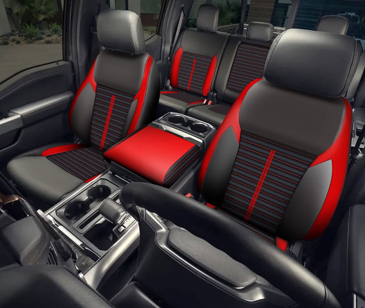 Custom fit truck seat covers in black and red leather