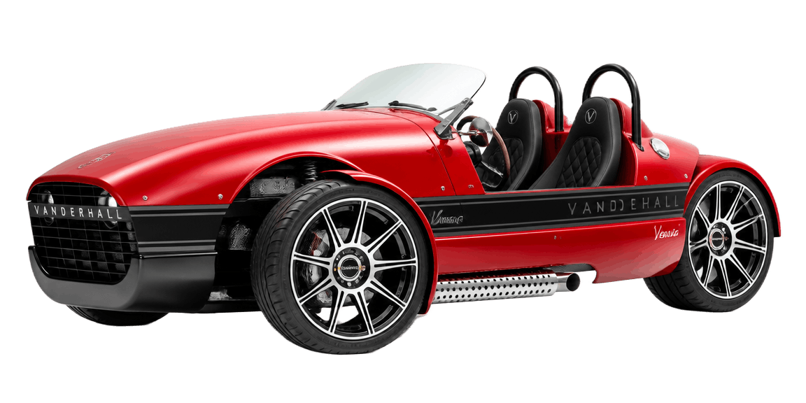 Red Vanderhall three-wheel roadster
